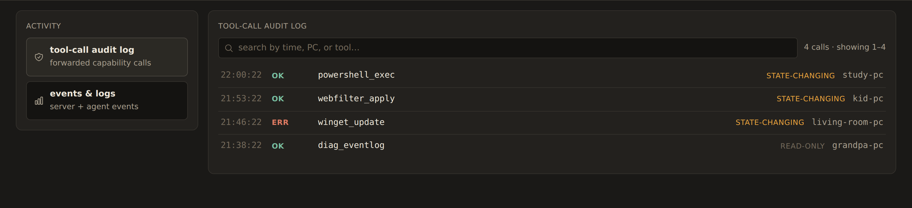 The tool-call audit log, each call tagged read-only or state-changing.