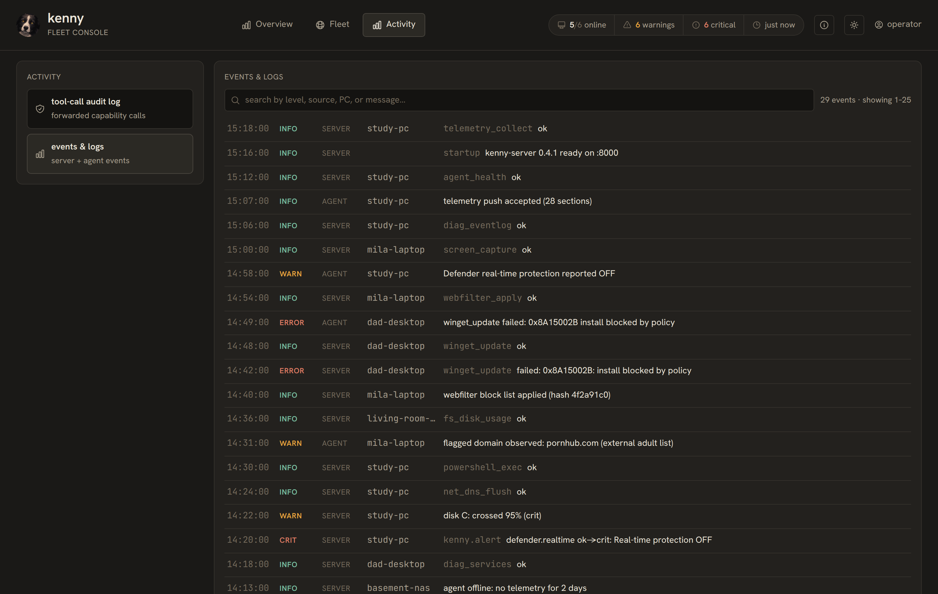 Emitted alerts and server/agent events in the Activity events and logs view.