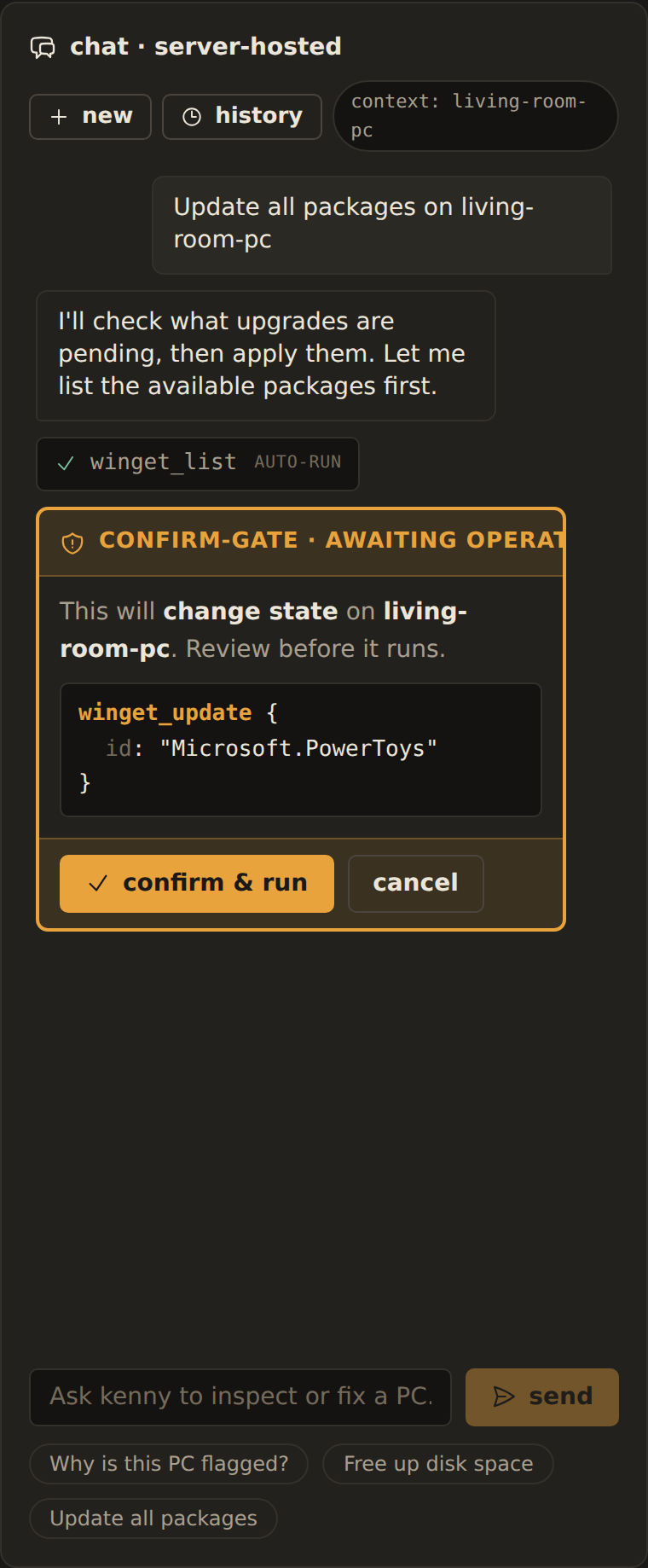 The confirm-gate pausing a state-changing winget_update until the operator approves.