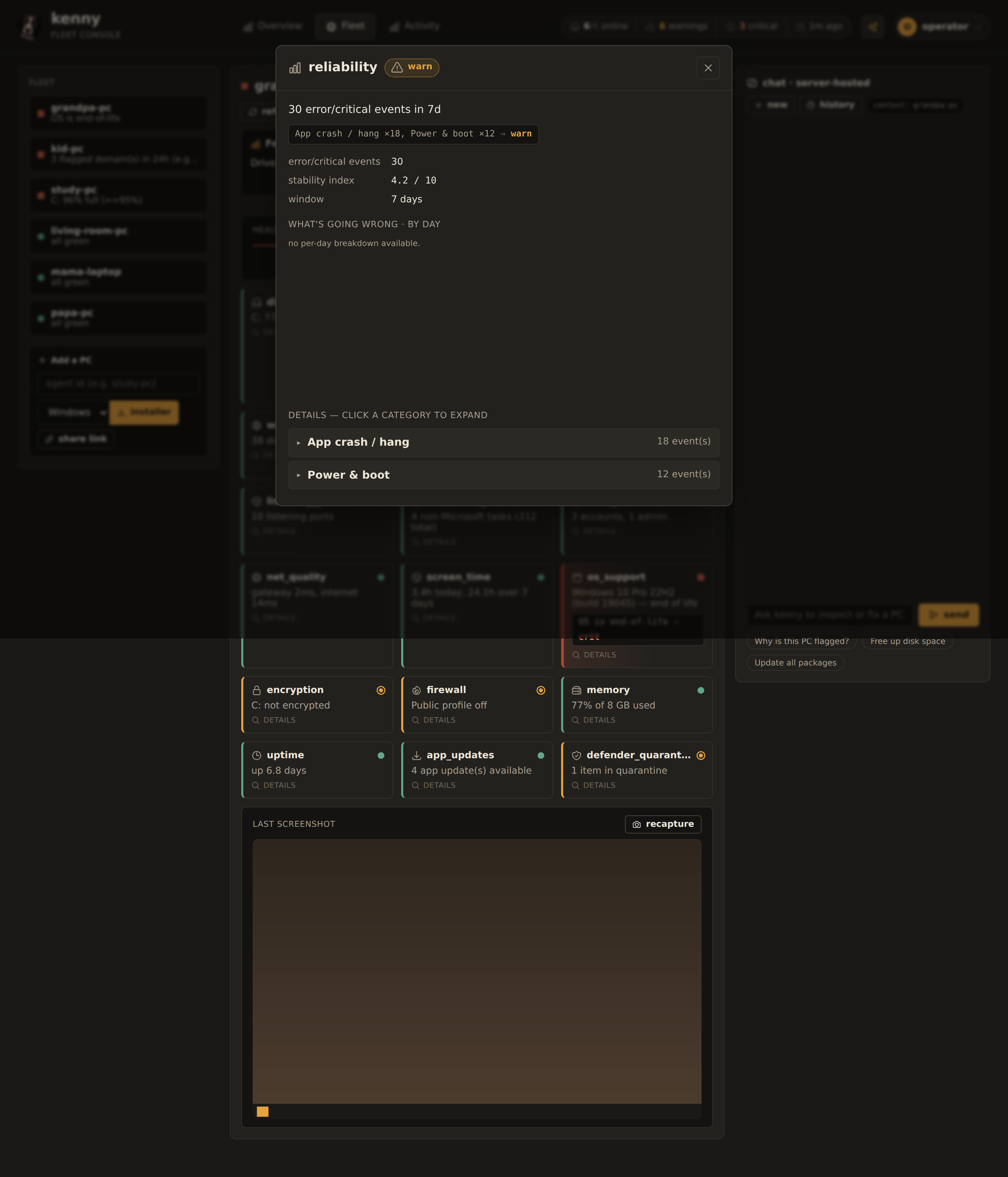 The reliability section detail: a category-by-day heatmap above expandable event groups.