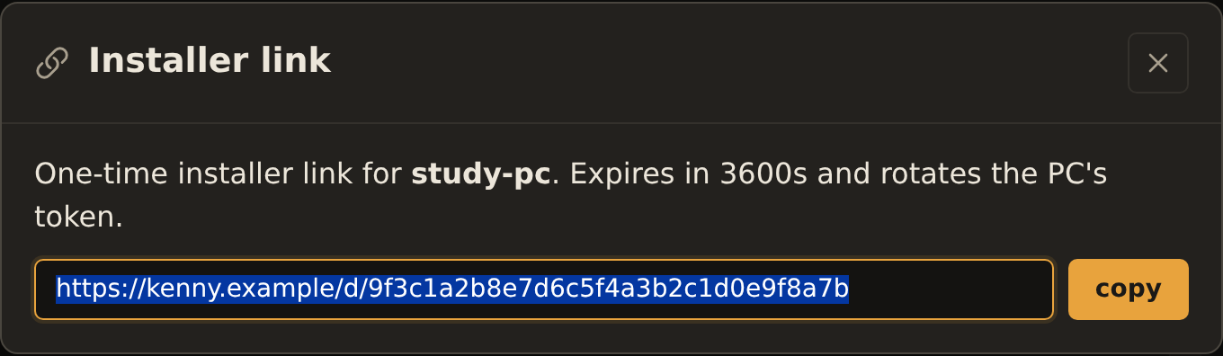 The installer share-link dialog